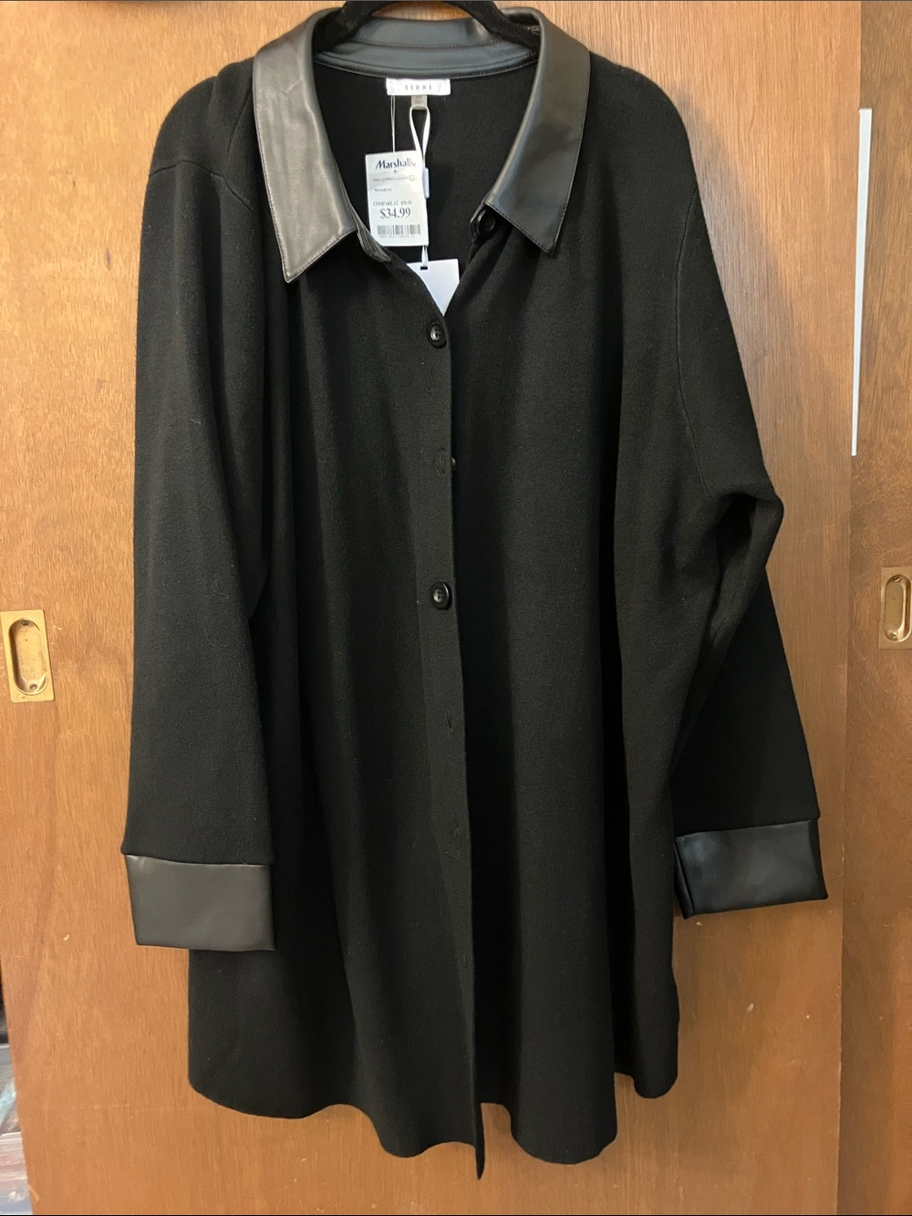 Sioni Black Long Button-Front Sweater with Faux Leather Trim